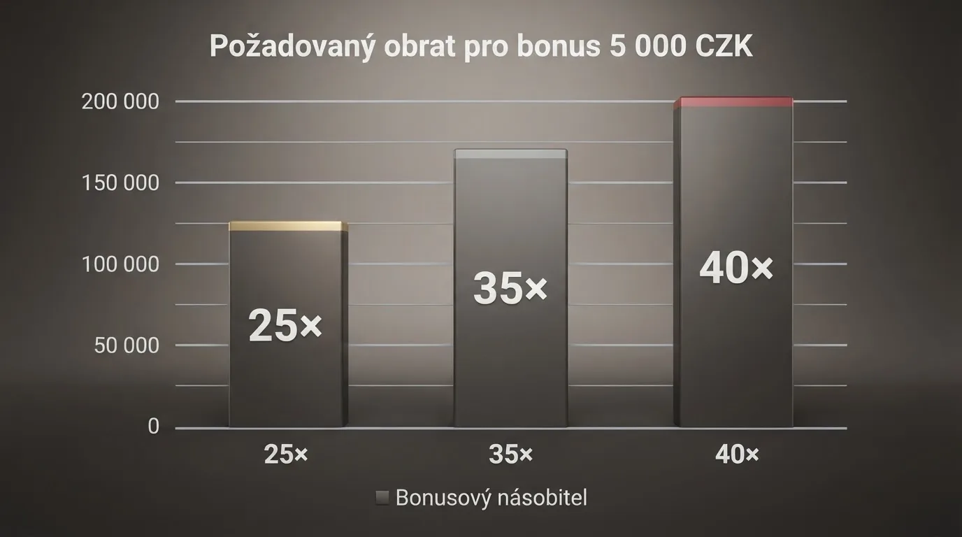 Graf porovnávající celkový obrat potřebný k uvolnění bonusu při 25×, 35× a 40× protočení u bonusu 5 000 Kč